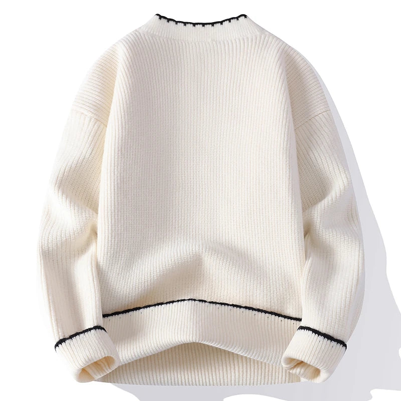 Men's Ribbed Knit Jumper with Button Placket and Contrast Trim