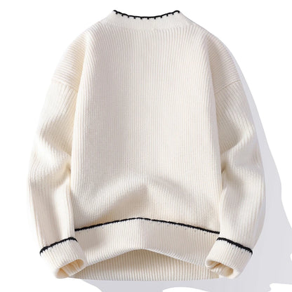 Men's Ribbed Knit Jumper with Button Placket and Contrast Trim