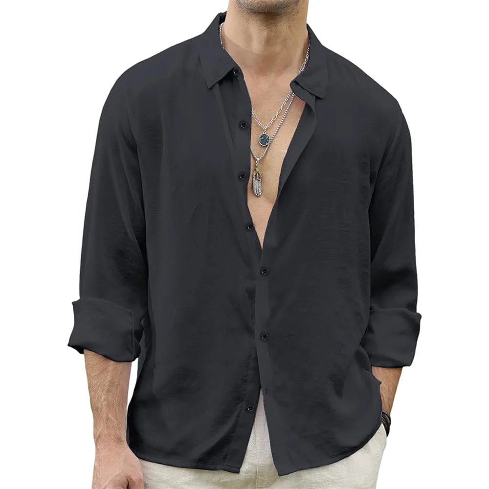 Men's Long Sleeve Casual Shirt with Open Collar