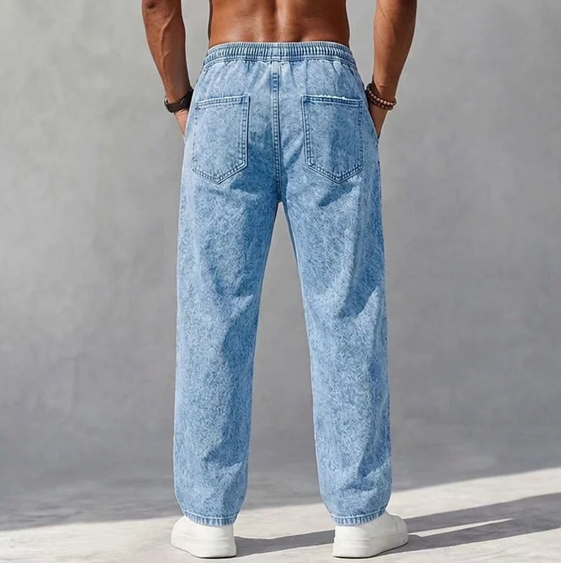 Men's Denim Trousers Loose Fit Drawstring Waist Straight Leg