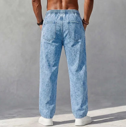 Men's Denim Trousers Loose Fit Drawstring Waist Straight Leg