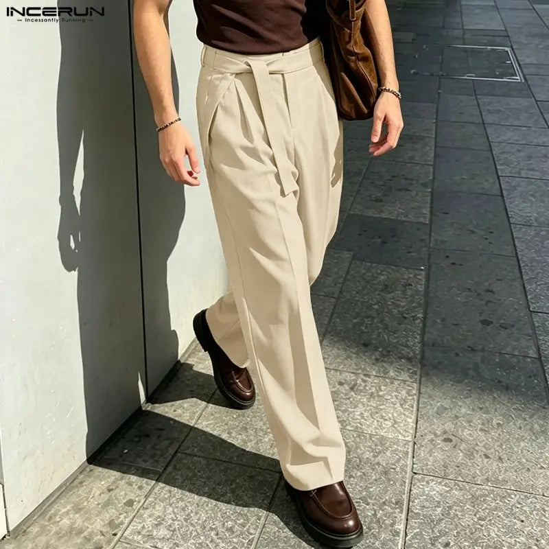 Men's Wide Leg Pleated Trousers with Belt Loops