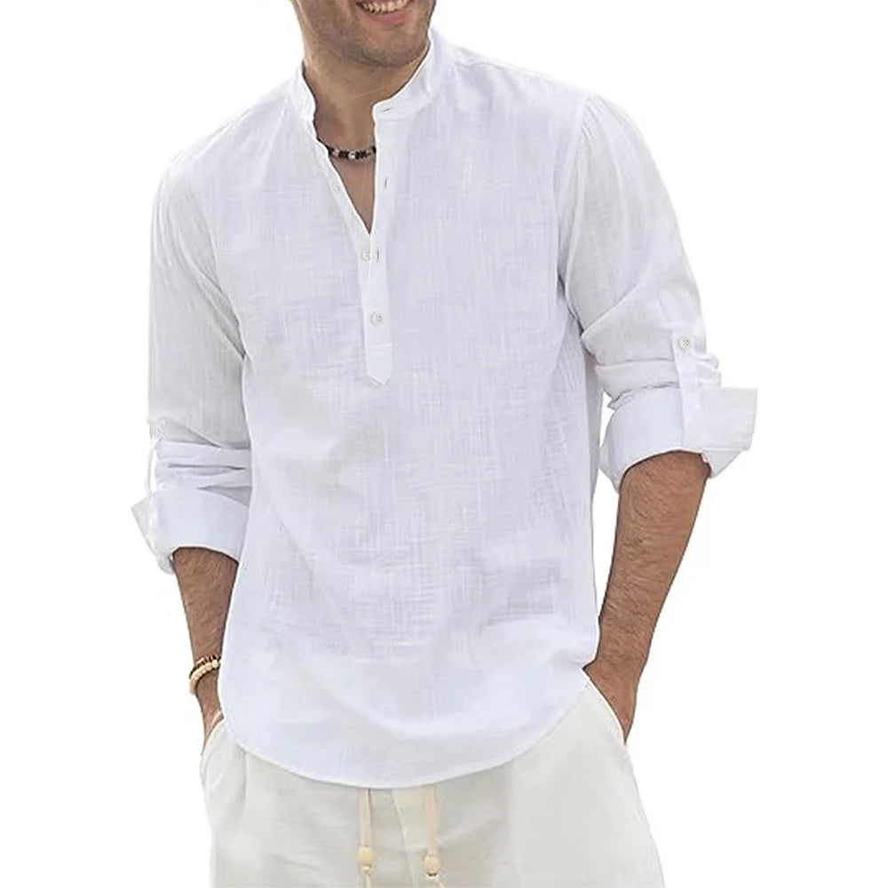 Men's Grandad Collar Long Sleeve Shirt with Button Placket