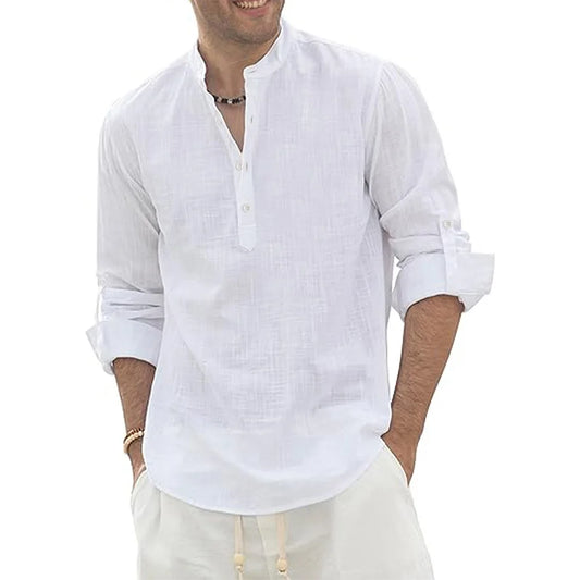 Men's Grandad Collar Long Sleeve Shirt with Button Placket