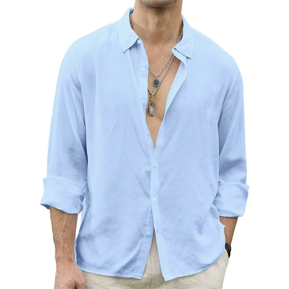 Men's Long Sleeve Casual Shirt with Open Collar