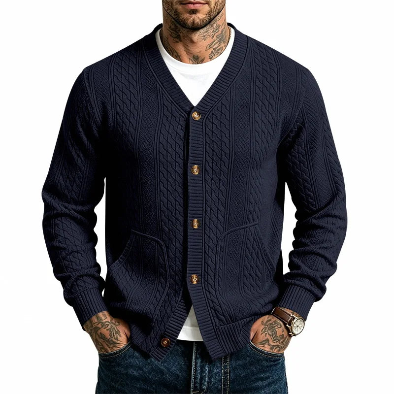 Men's Cable Knit Cardigan with V-Neck and Button Front