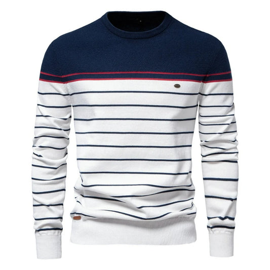 Men's Striped Knit Jumper with Crew Neck – Long Sleeve Sweater Pullover