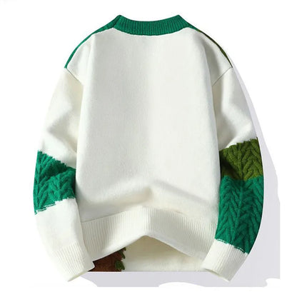 Men's Knitted Crew Neck Jumper with Patchwork Colourblock Design