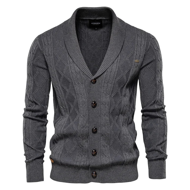 Men's Cable Knit Cardigan with Shawl Collar and Button Front