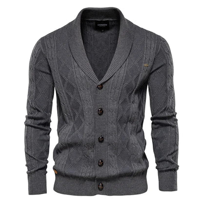 Men's Cable Knit Cardigan with Shawl Collar and Button Front