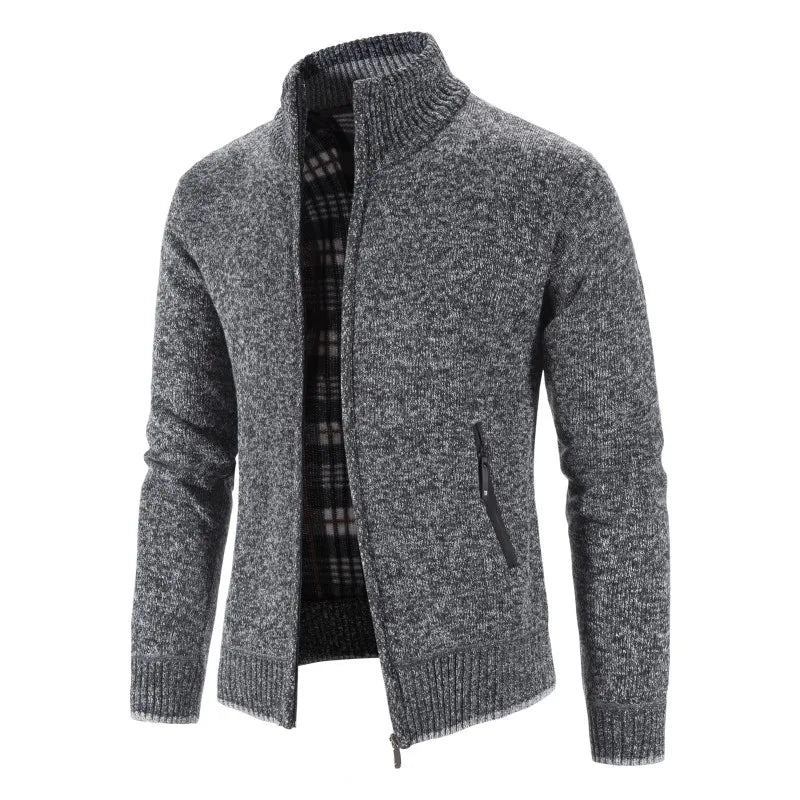 Men's Knitted Zip Cardigan with High Neck and Pockets