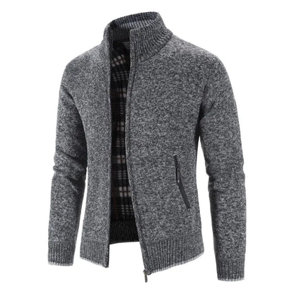 Men's Knitted Zip Cardigan with High Neck and Pockets