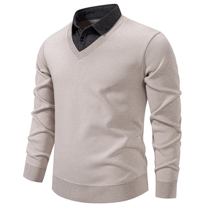 Men's V-Neck Jumper with Long Sleeves and Ribbed Trim