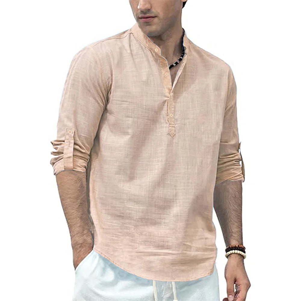 Men's Grandad Collar Long Sleeve Shirt with Button Placket