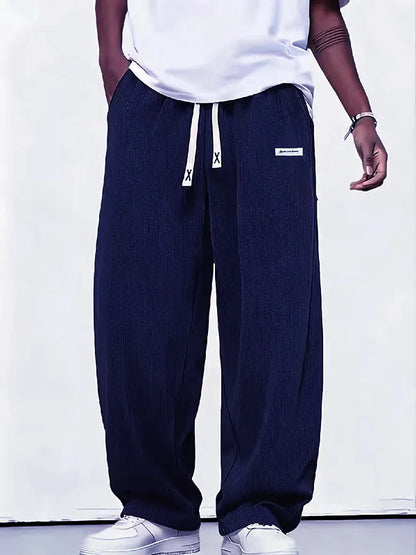 Men's Wide Leg Trousers Pleated Texture Drawstring Waist