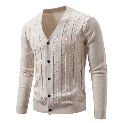 Men's Knitted V Neck Cardigan with Diamond Pattern Detail