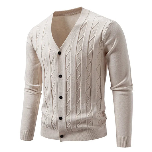 Men's Knitted V Neck Cardigan with Diamond Pattern Detail