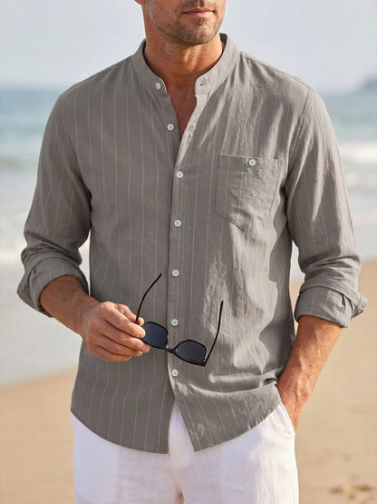Men's Long Sleeve Grandad Collar Shirt with Chest Pocket