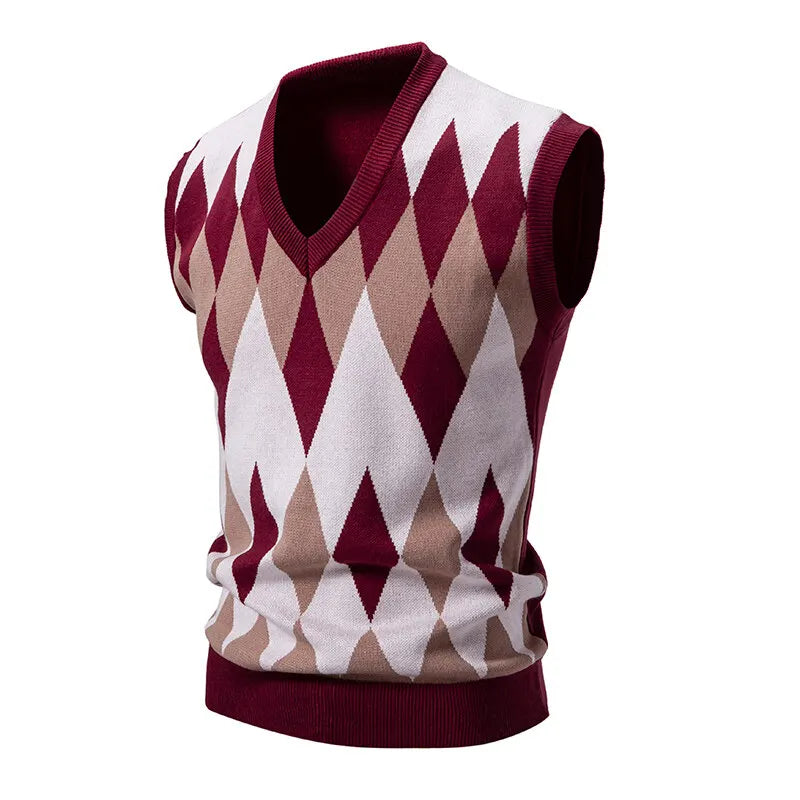 Men's Argyle Knit Sweater Vest with V-Neck Pattern