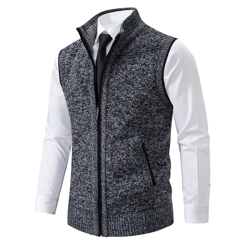 Men's Knitted Gilet with Full Zip and Stand Collar