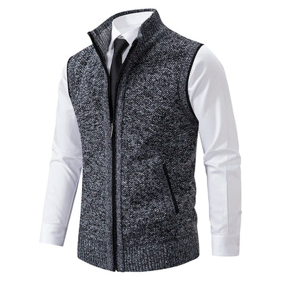 Men's Knitted Gilet with Full Zip and Stand Collar