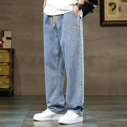 Men's Wide Leg Trousers Drawstring Waist Loose Fit Denim