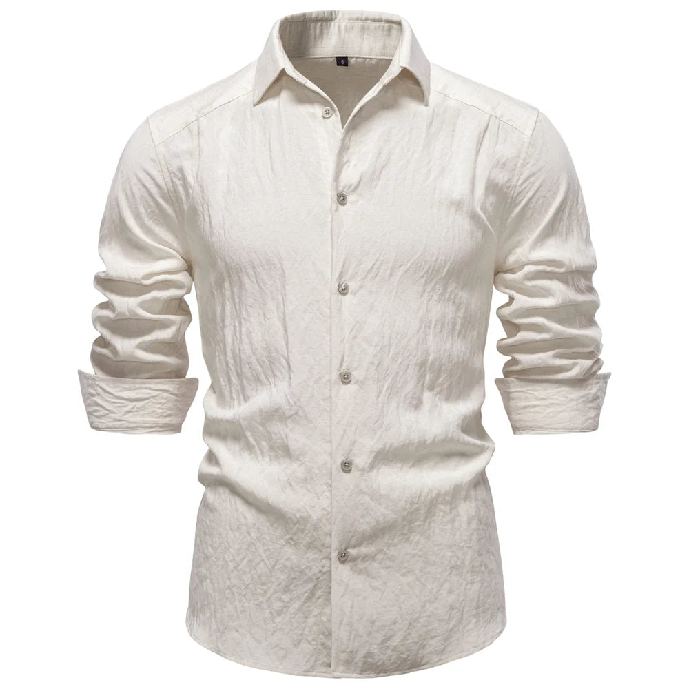 Men's Long Sleeve Button Shirt with Collared Neck and Cuffs