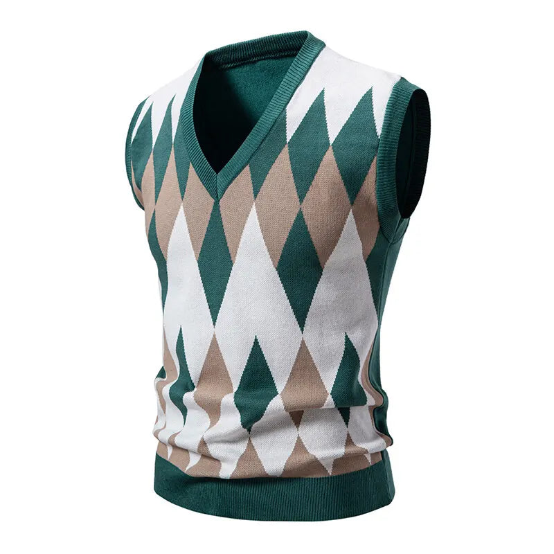 Men's Argyle Knit Sweater Vest with V-Neck Pattern