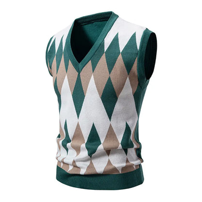 Men's Argyle Knit Sweater Vest with V-Neck Pattern
