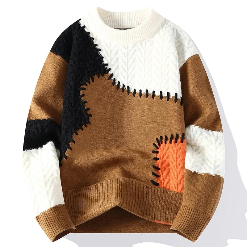 Men's Knitted Crew Neck Jumper with Patchwork Colourblock Design