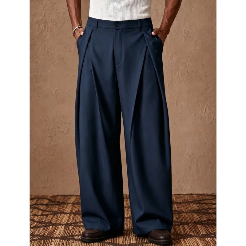 Men's Wide Leg Pleated Trousers with Elasticated Waist
