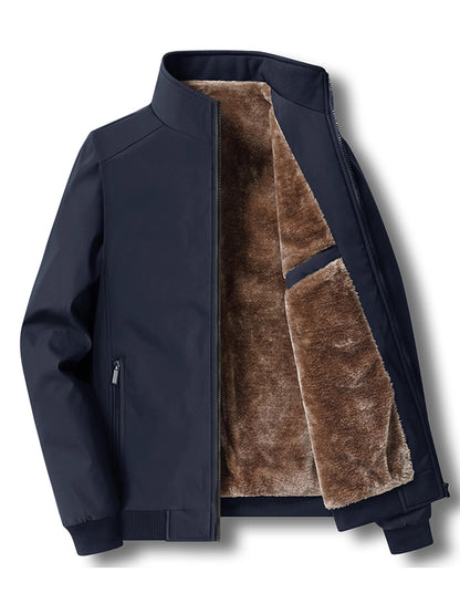 Men's Shearling Lined Jacket – Full Zip Front Stand Collar Ribbed Cuffs and Hem