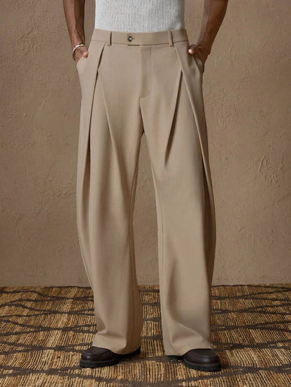 Men's Loose Fit Wide Leg Pleated Trousers with Pockets