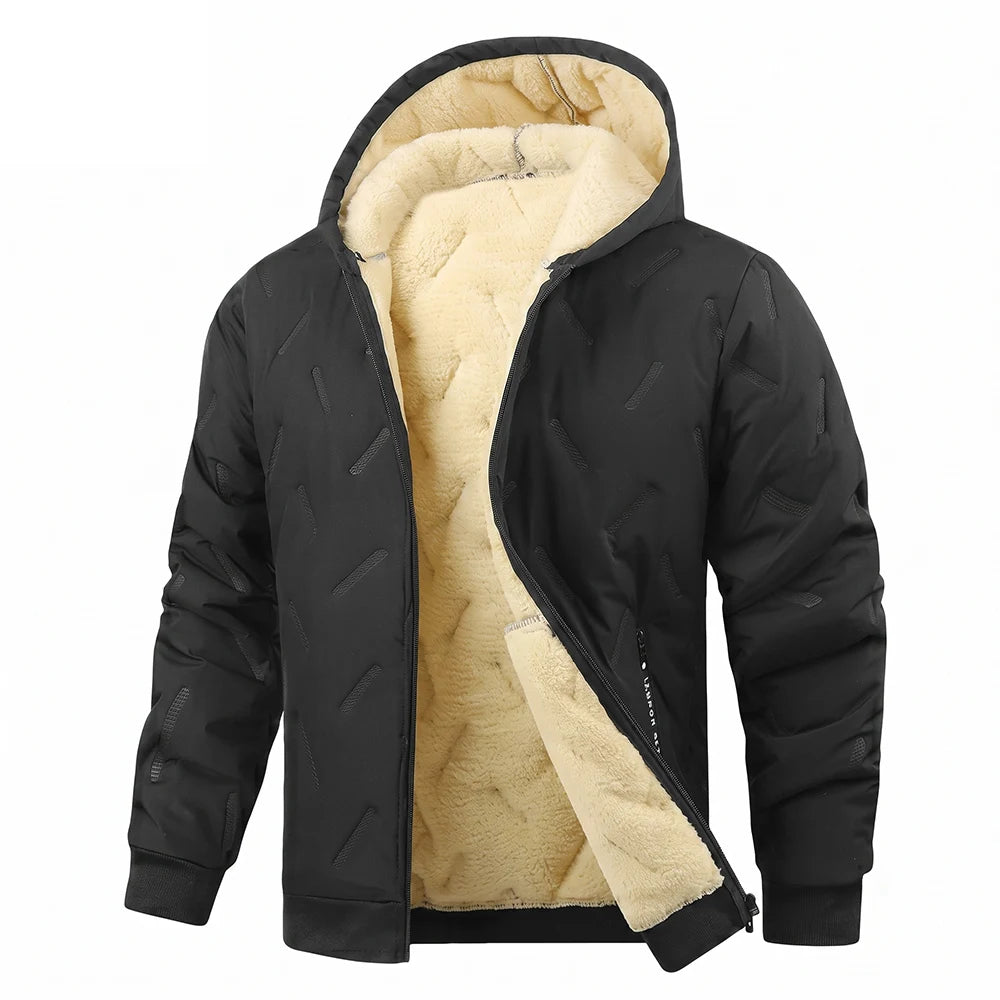 Men's Quilted Hooded Jacket – Long Sleeve Winter Coat with Full Zip and Pockets