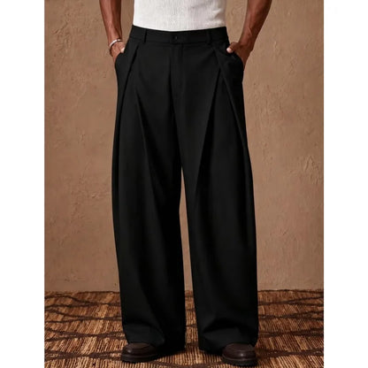 Men's Wide Leg Pleated Trousers with Elasticated Waist