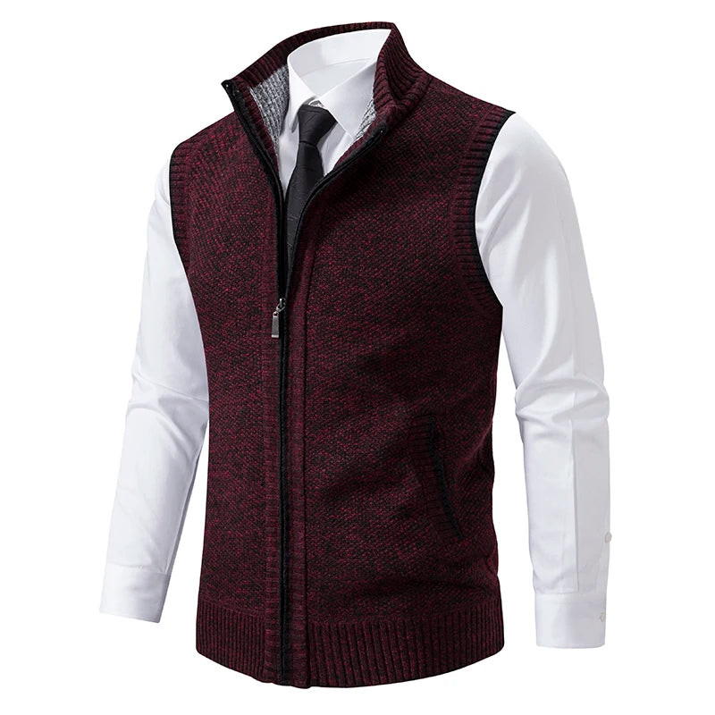 Men's Knitted Gilet with Full Zip and Stand Collar