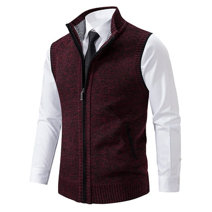 Men's Knitted Gilet with Full Zip and Stand Collar