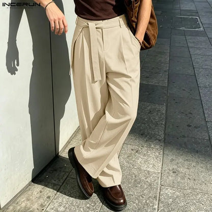 Men's Wide Leg Pleated Trousers with Belt Loops