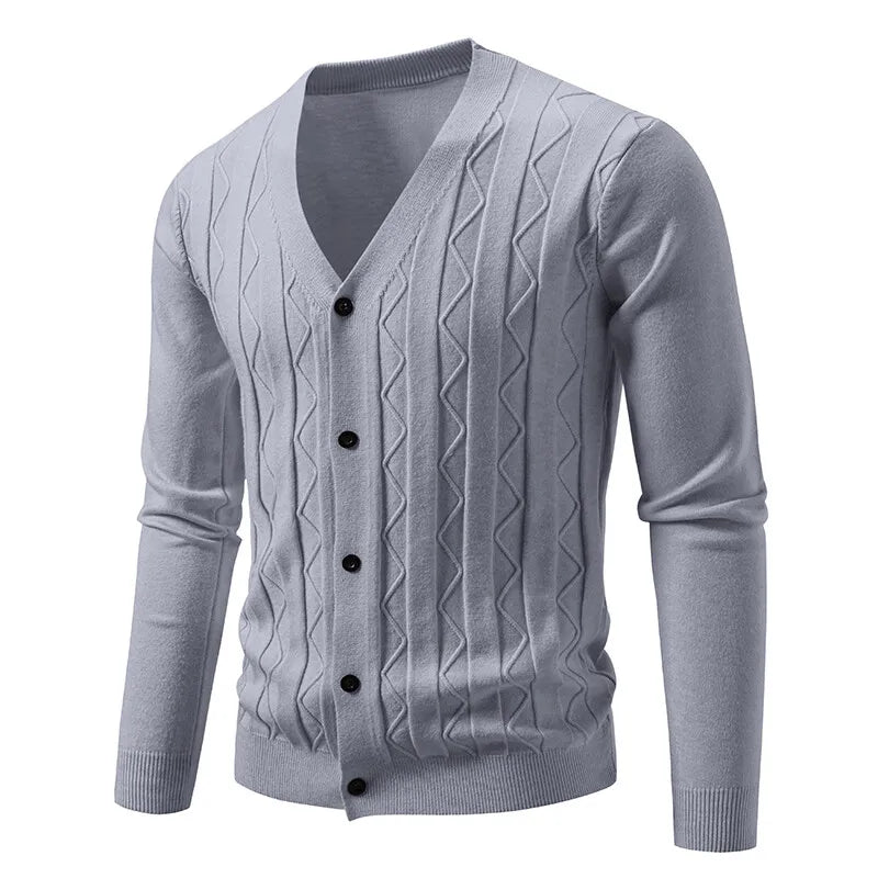 Men's Knitted V Neck Cardigan with Diamond Pattern Detail