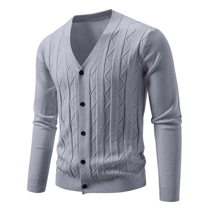 Men's Knitted V Neck Cardigan with Diamond Pattern Detail