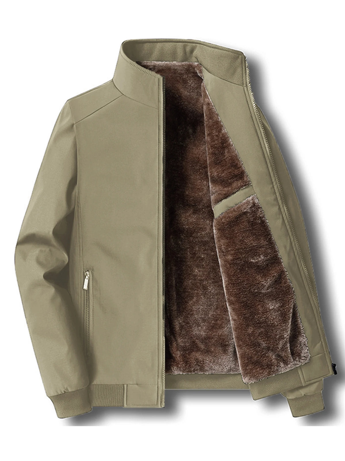 Men's Shearling Lined Jacket – Full Zip Front Stand Collar Ribbed Cuffs and Hem