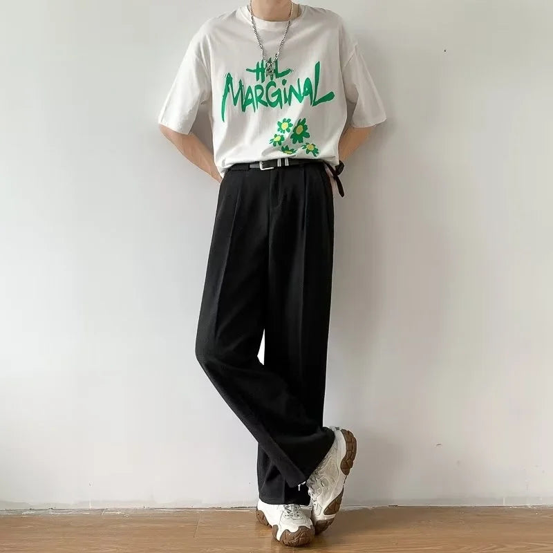 Men's Wide Leg Pleated Trousers with Side Pockets
