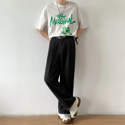 Men's Wide Leg Pleated Trousers with Side Pockets