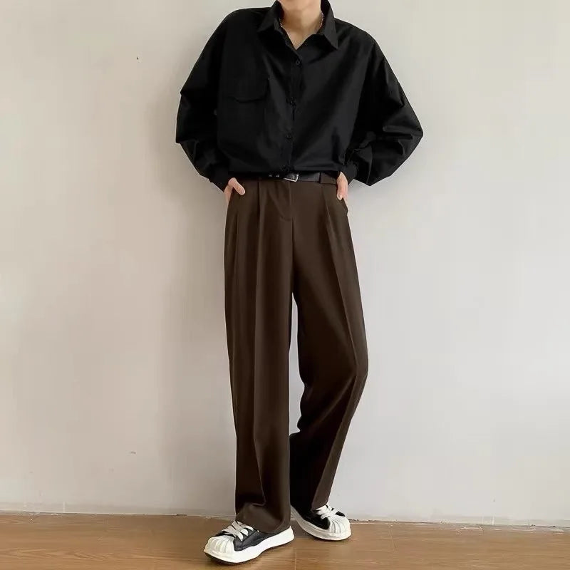 Men's Wide Leg Pleated Trousers with Side Pockets