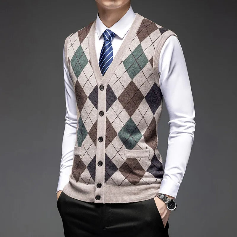 Men's Argyle Knitted Vest with V Neck Button Front