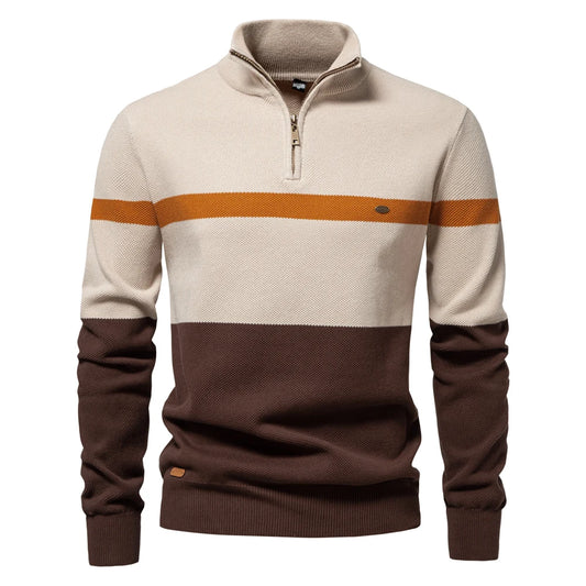 Men's Knitted Half Zip Jumper – High Neck Long Sleeve Colour Block Sweater