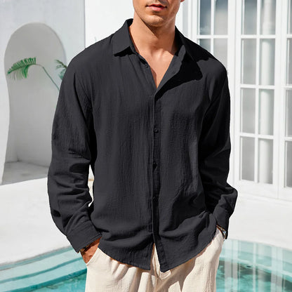 Men's Long Sleeve Linen Look Shirt with Open Collar