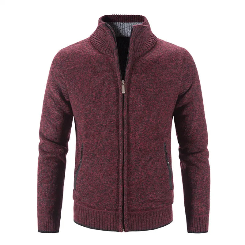 Men's Knitted Zip Cardigan with High Neck and Pockets