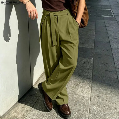 Men's Wide Leg Pleated Trousers with Belt Loops