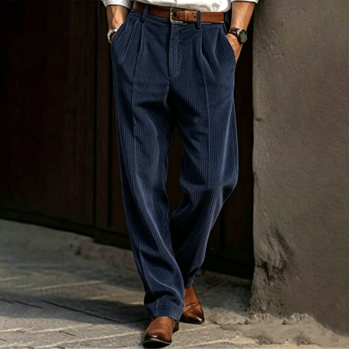 Men's Pleated Trousers – Relaxed Fit Tapered Leg Corduroy Style